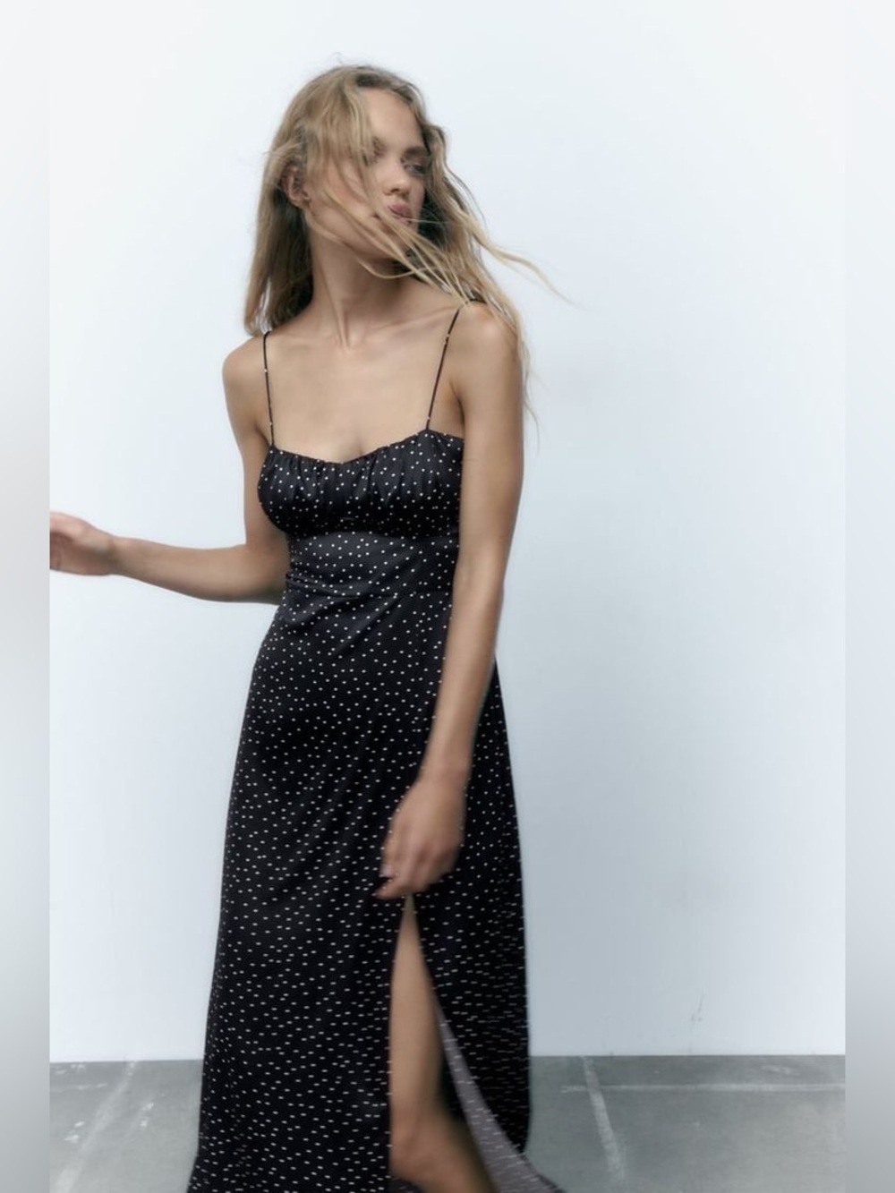 Zara Black Polka Dot Slip Satin Dress with Side Slit